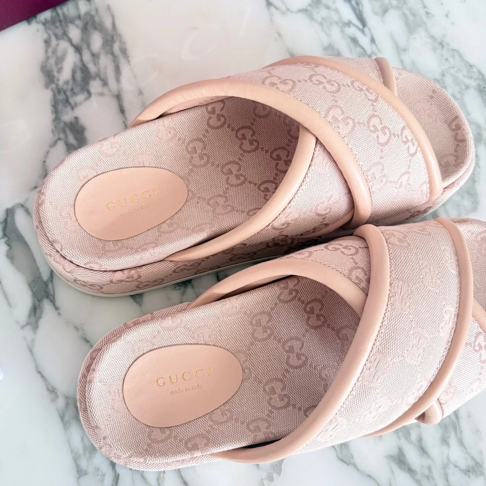 Gucci GG Canvas Platform Slide Sandals Light Pink Monogram Leather Trim 37